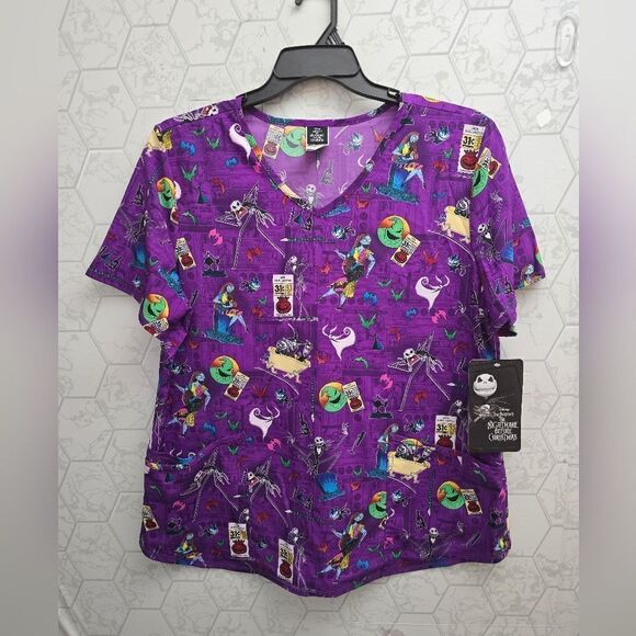 Nwt Disney The Nightmare Before Christmas Skellington Women's V-Neck Print Scrub - Picture 3 of 6